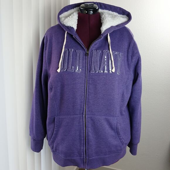 Old Navy Cozy Hoodie in Purple Majesty XXL full zip fleece faux fur sequin logo - Picture 2 of 14